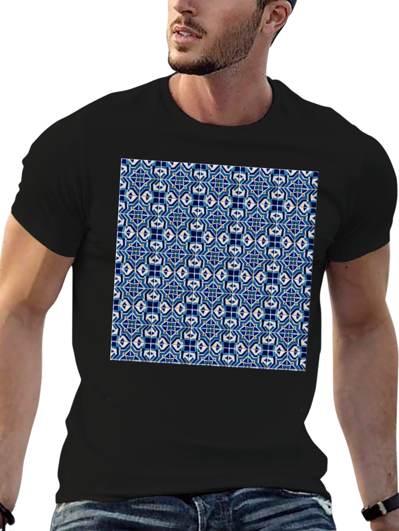 Blue Tile Pattern Black T-Shirt
