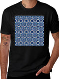 Blue Tile Pattern Black T-Shirt