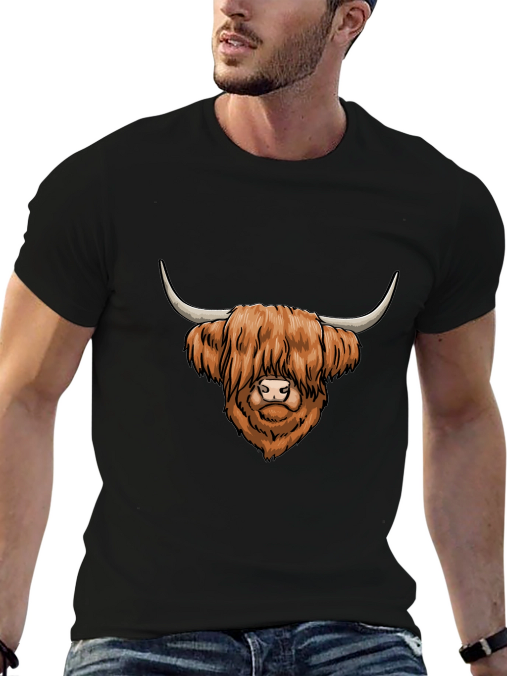 Highland Cow Graphic Tee - Cool Mens Black T-Shirt