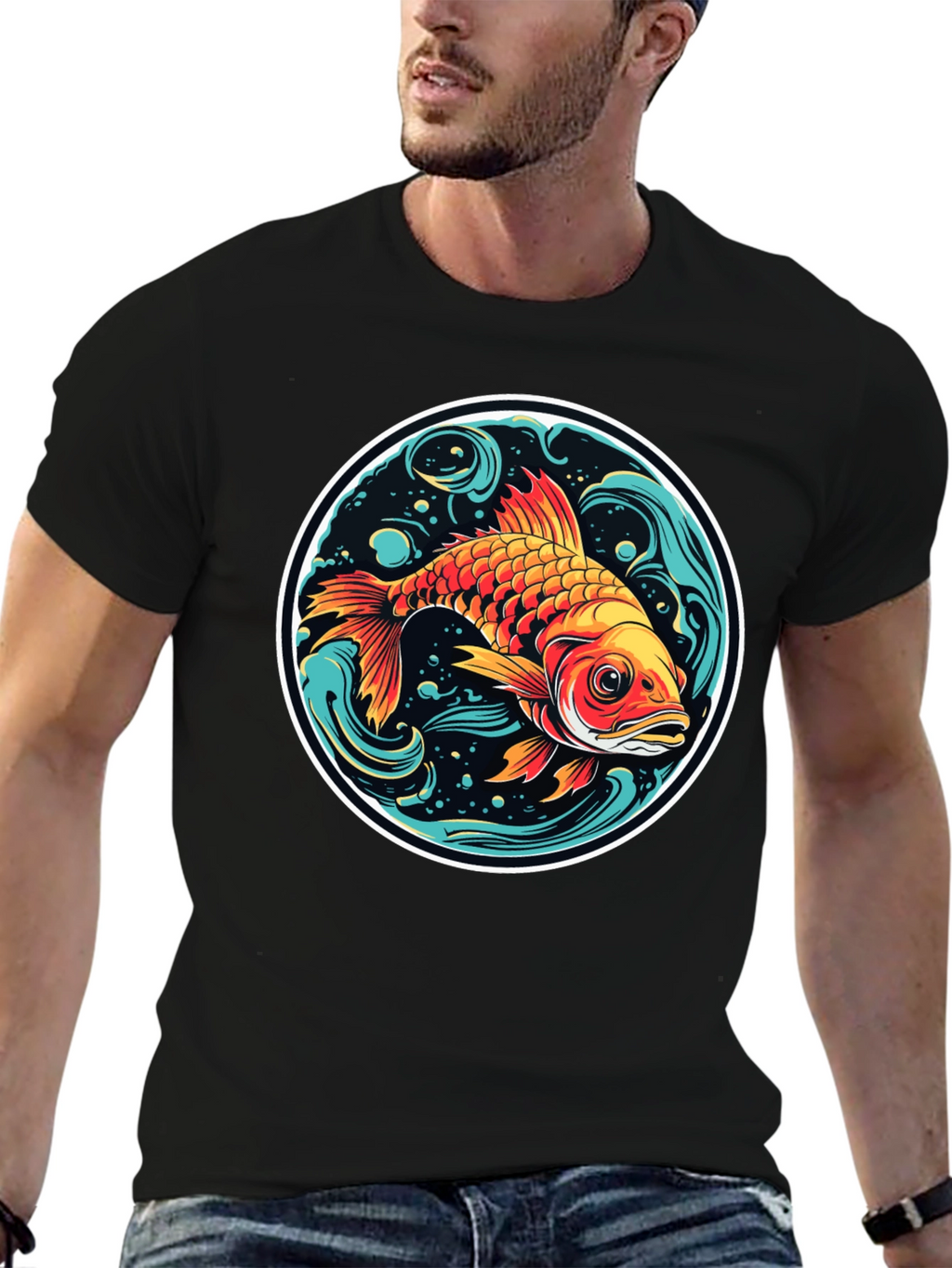 Koi Fish Graphic Tee - Black Cotton Blend