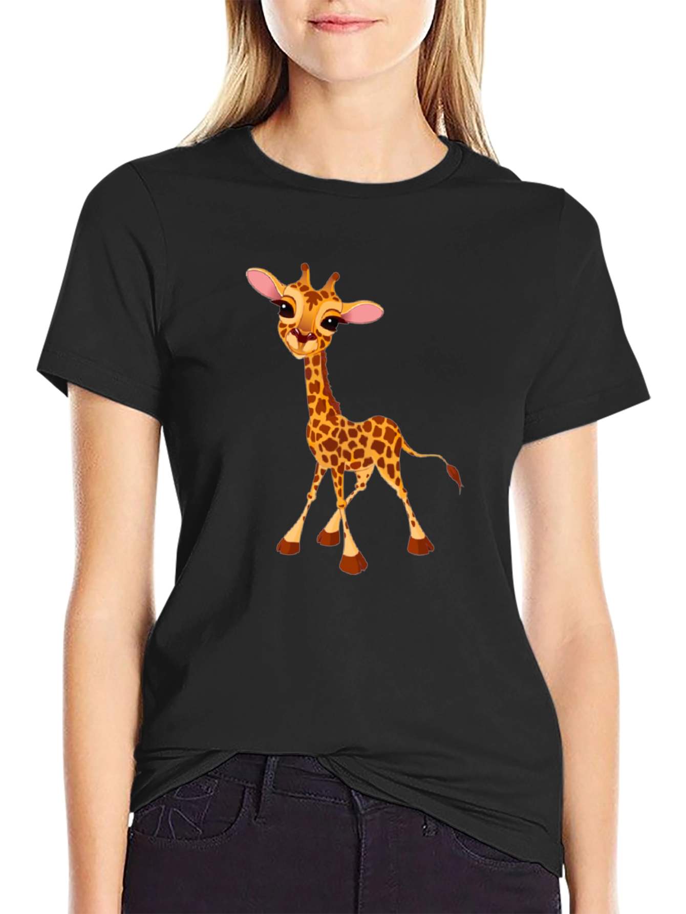 Cute Giraffe Print Black T-Shirt
