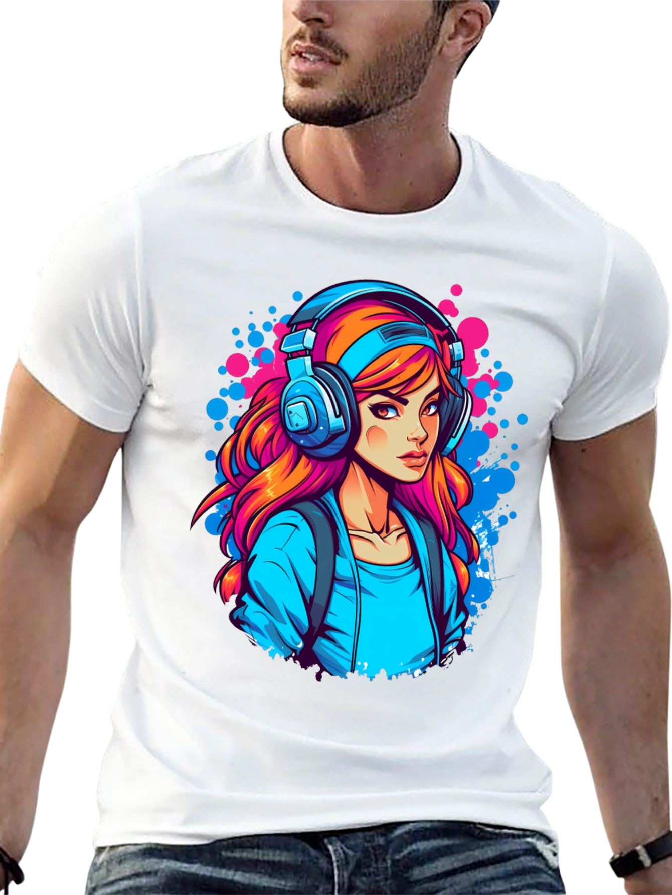 Girl with Headphones Graphic Black T-Shirt