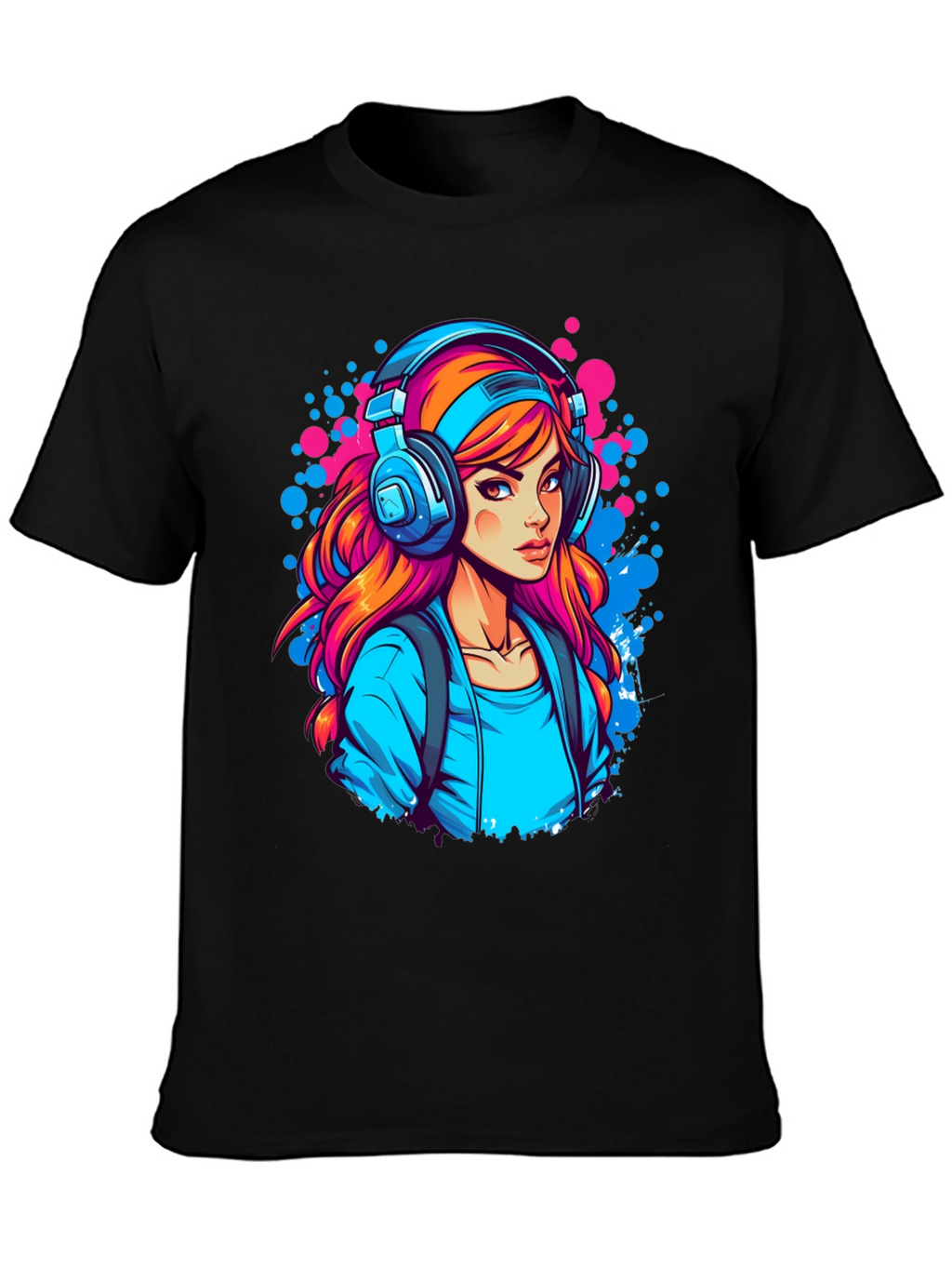 Girl with Headphones Graphic Black T-Shirt