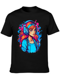 Girl with Headphones Graphic Black T-Shirt