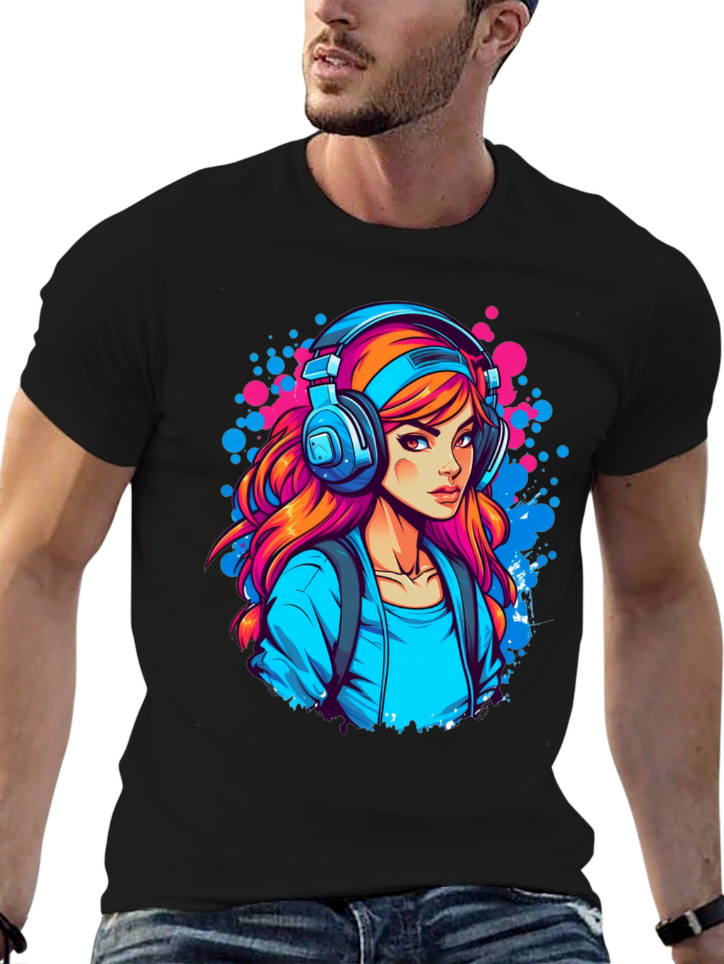 Girl with Headphones Graphic Black T-Shirt