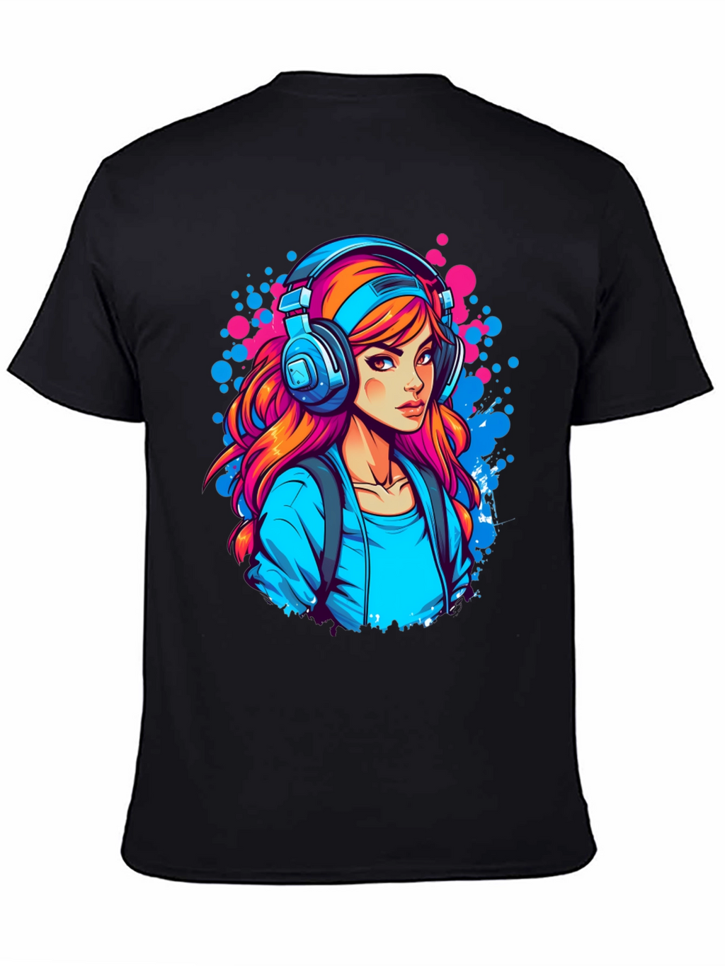 Girl with Headphones Graphic Black T-Shirt