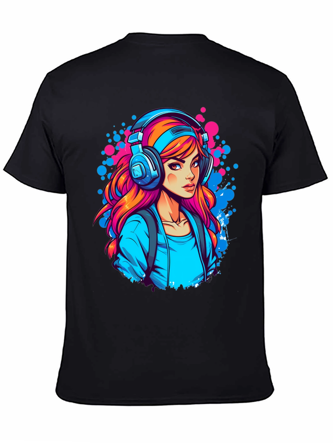 Girl with Headphones Graphic Black T-Shirt
