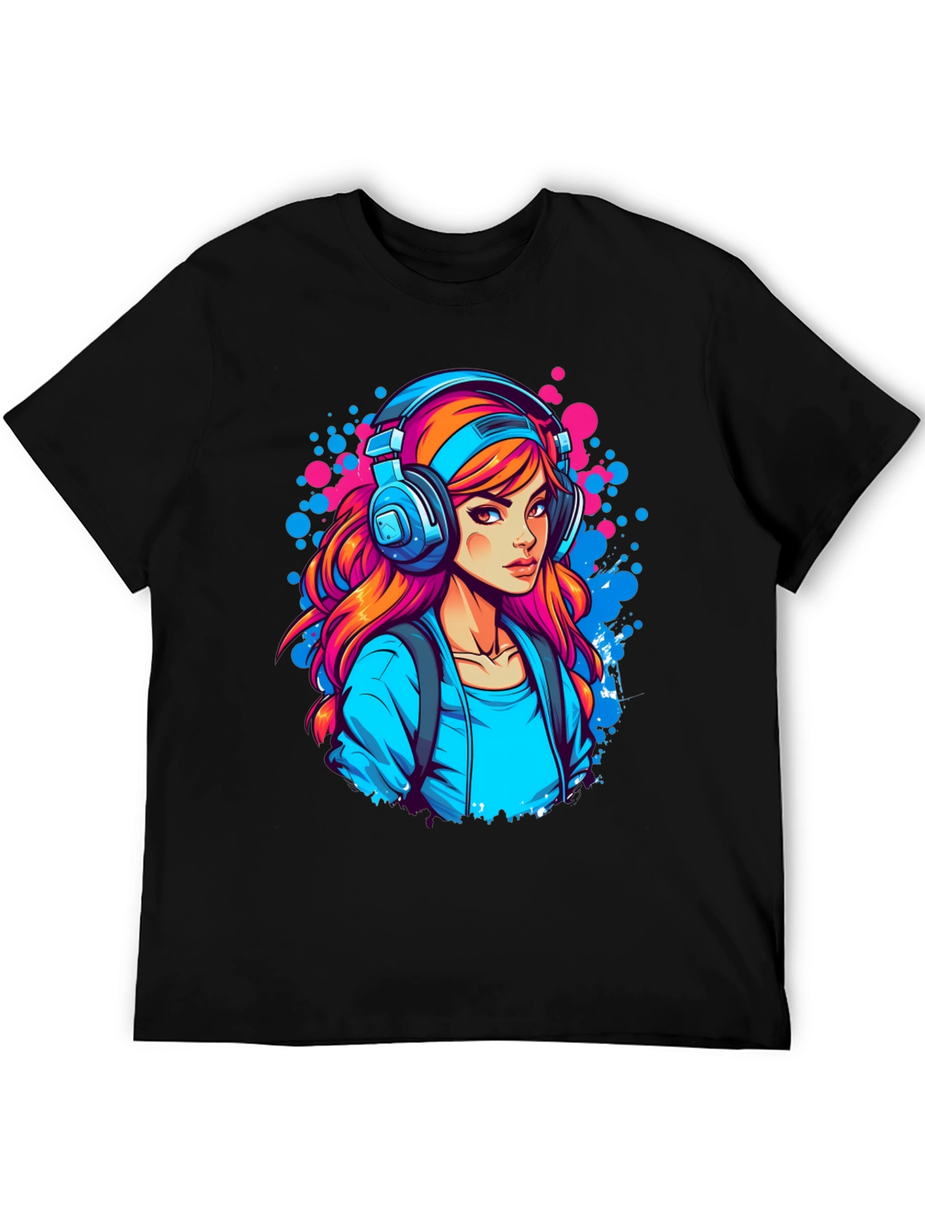 Girl with Headphones Graphic Black T-Shirt