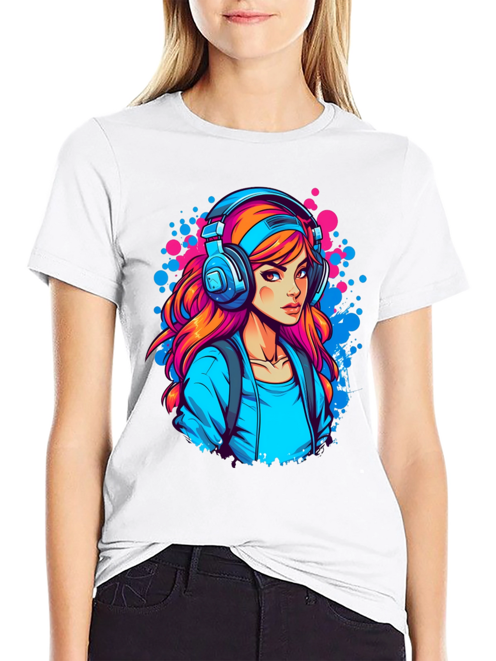 Girl with Headphones Graphic Black T-Shirt