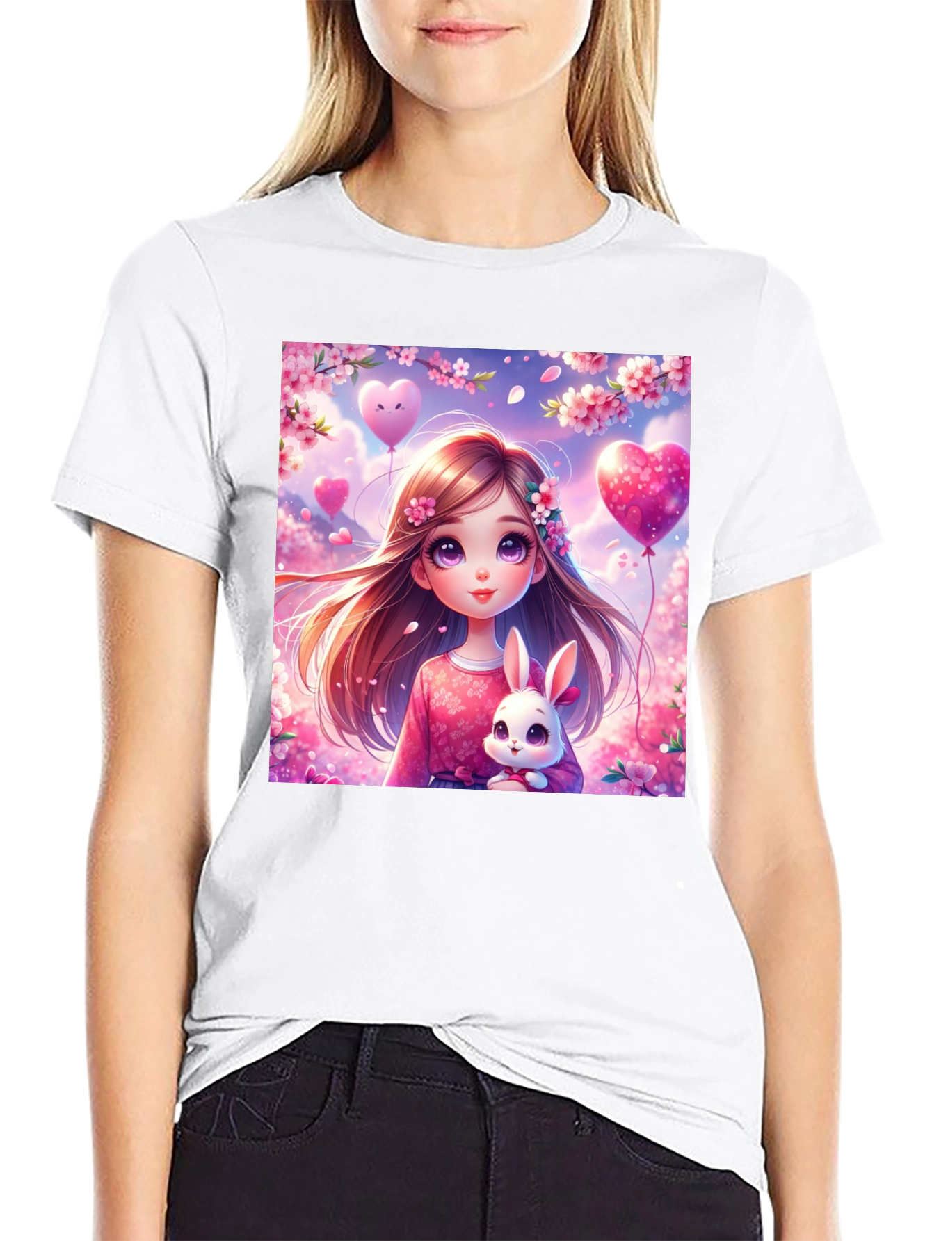 Cute Girl with Bunny Graphic T-Shirt