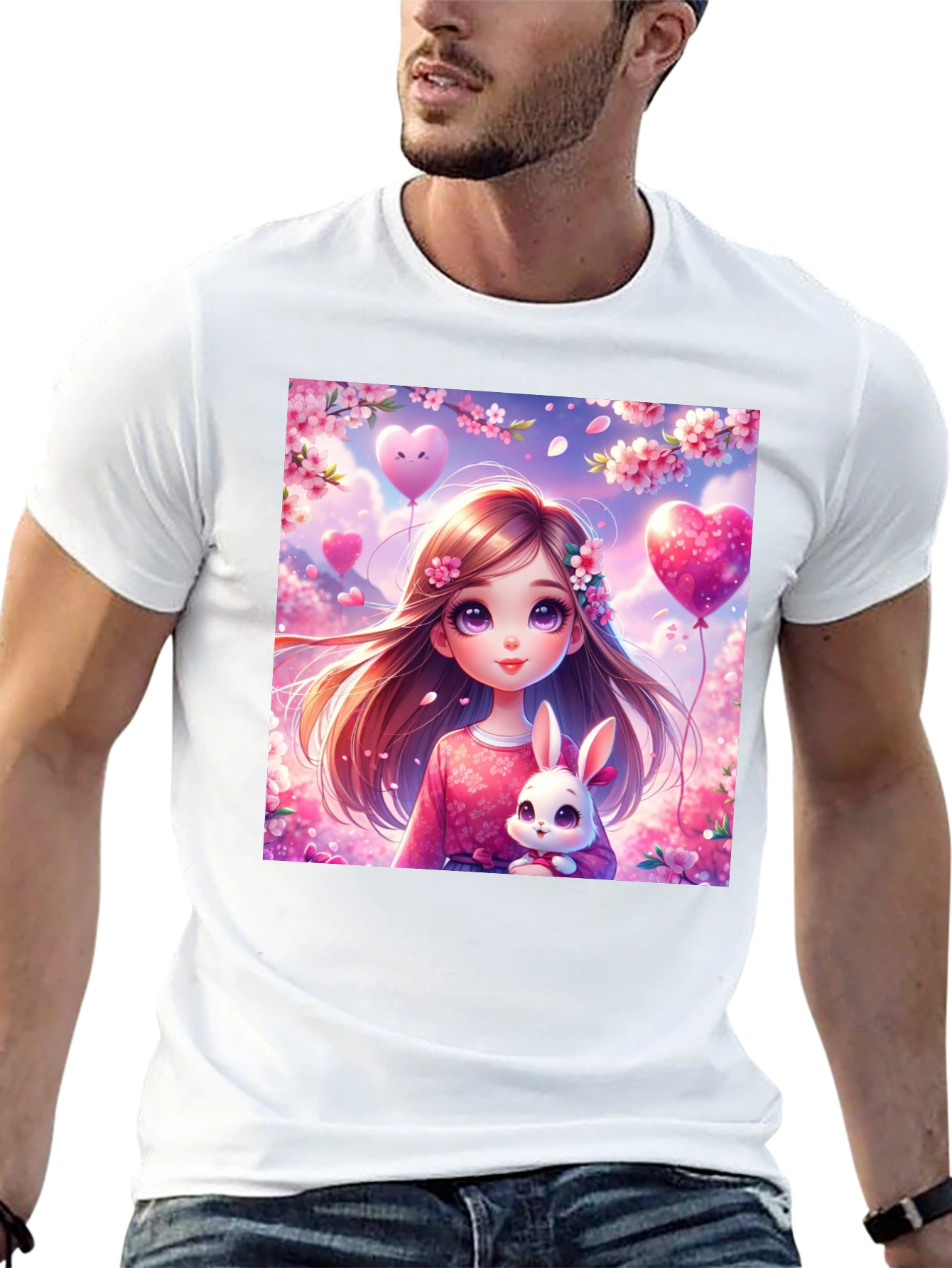Cute Girl with Bunny Graphic T-Shirt
