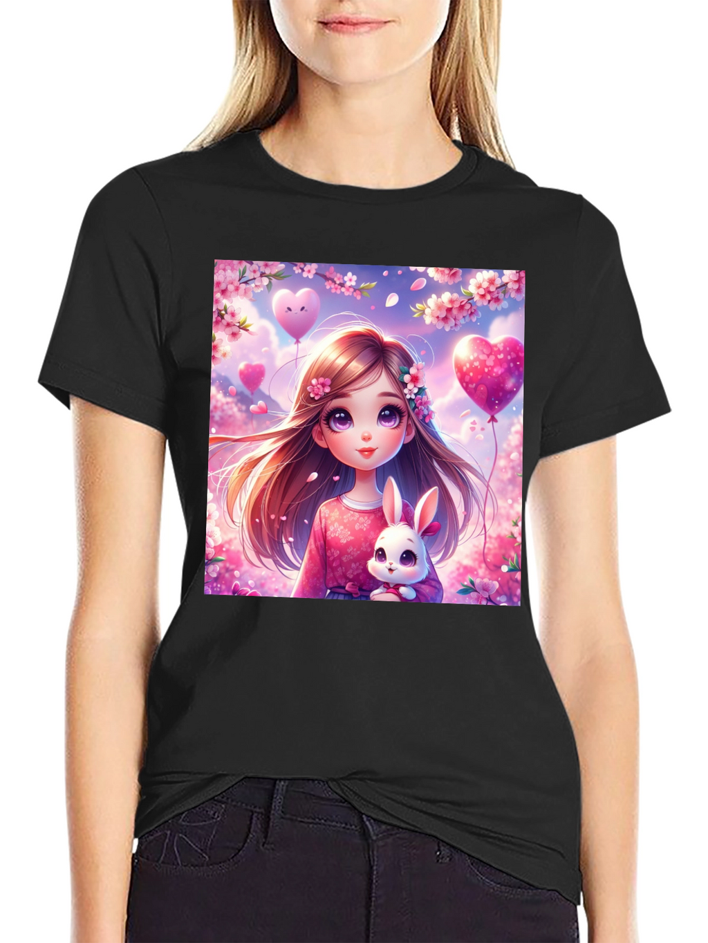 Cute Girl with Bunny Graphic T-Shirt