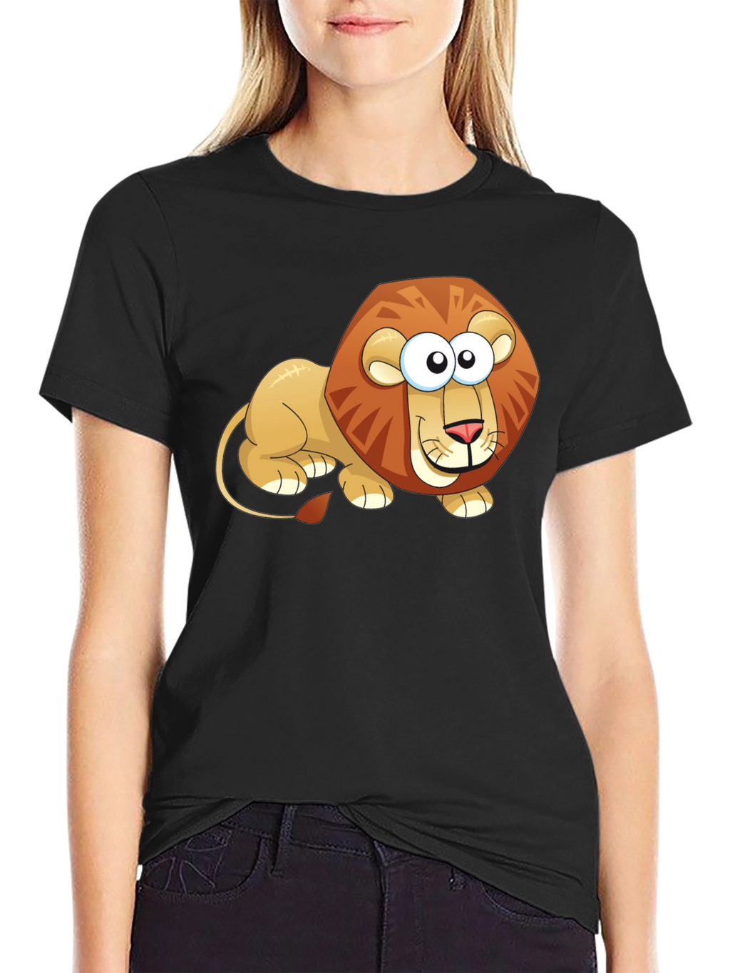 Cartoon Lion Graphic T-Shirt - Casual Black Tee
