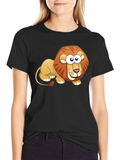 Cartoon Lion Graphic T-Shirt - Casual Black Tee