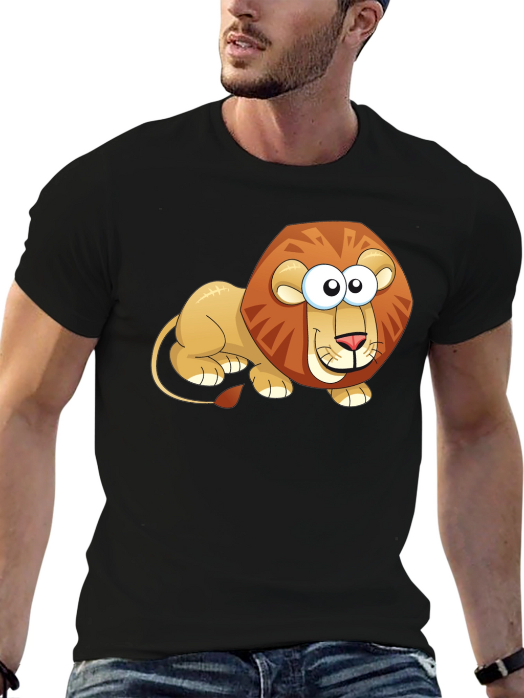 Cartoon Lion Graphic T-Shirt - Casual Black Tee