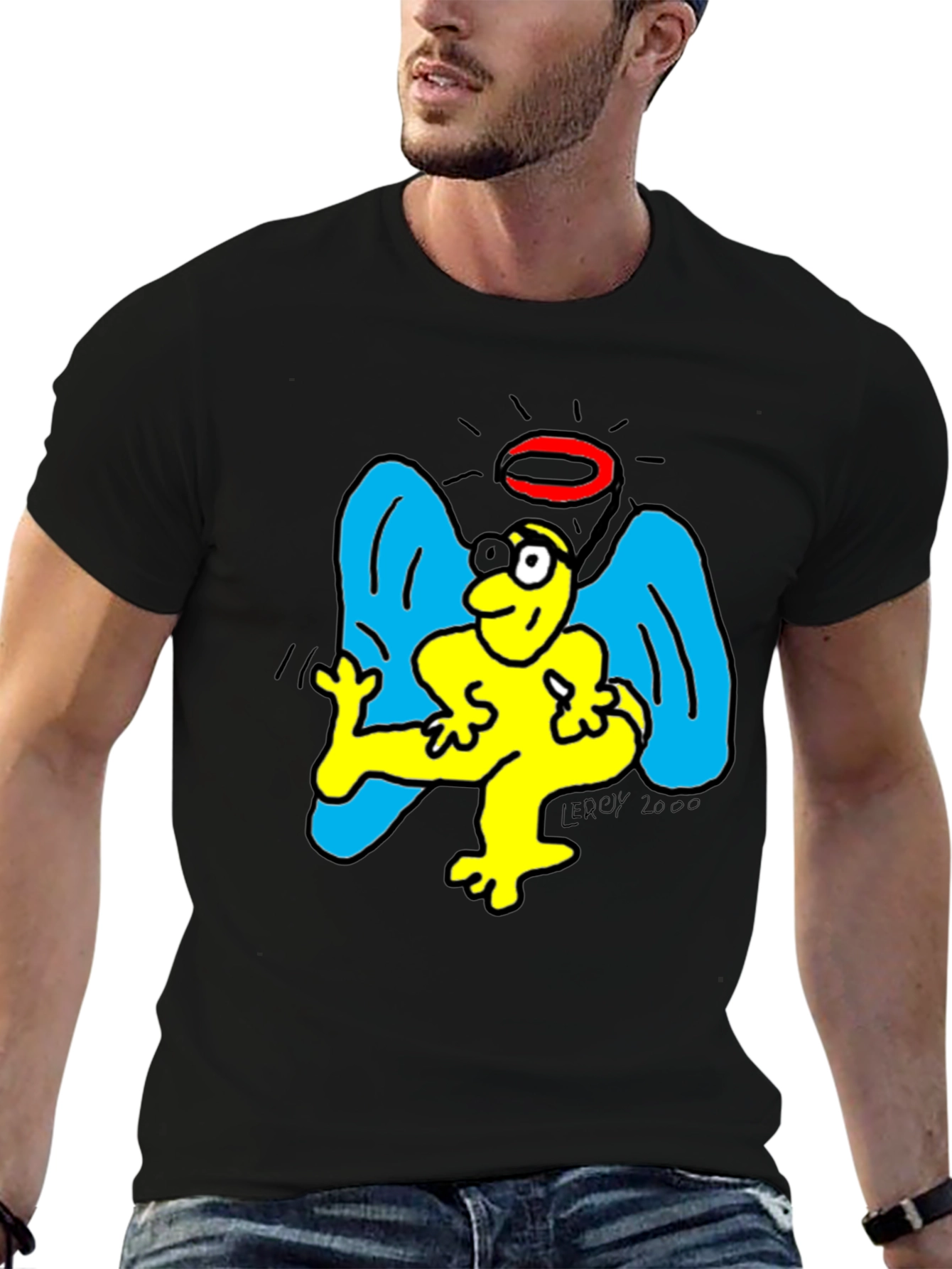 Angel Cartoon Graphic Tee - Black