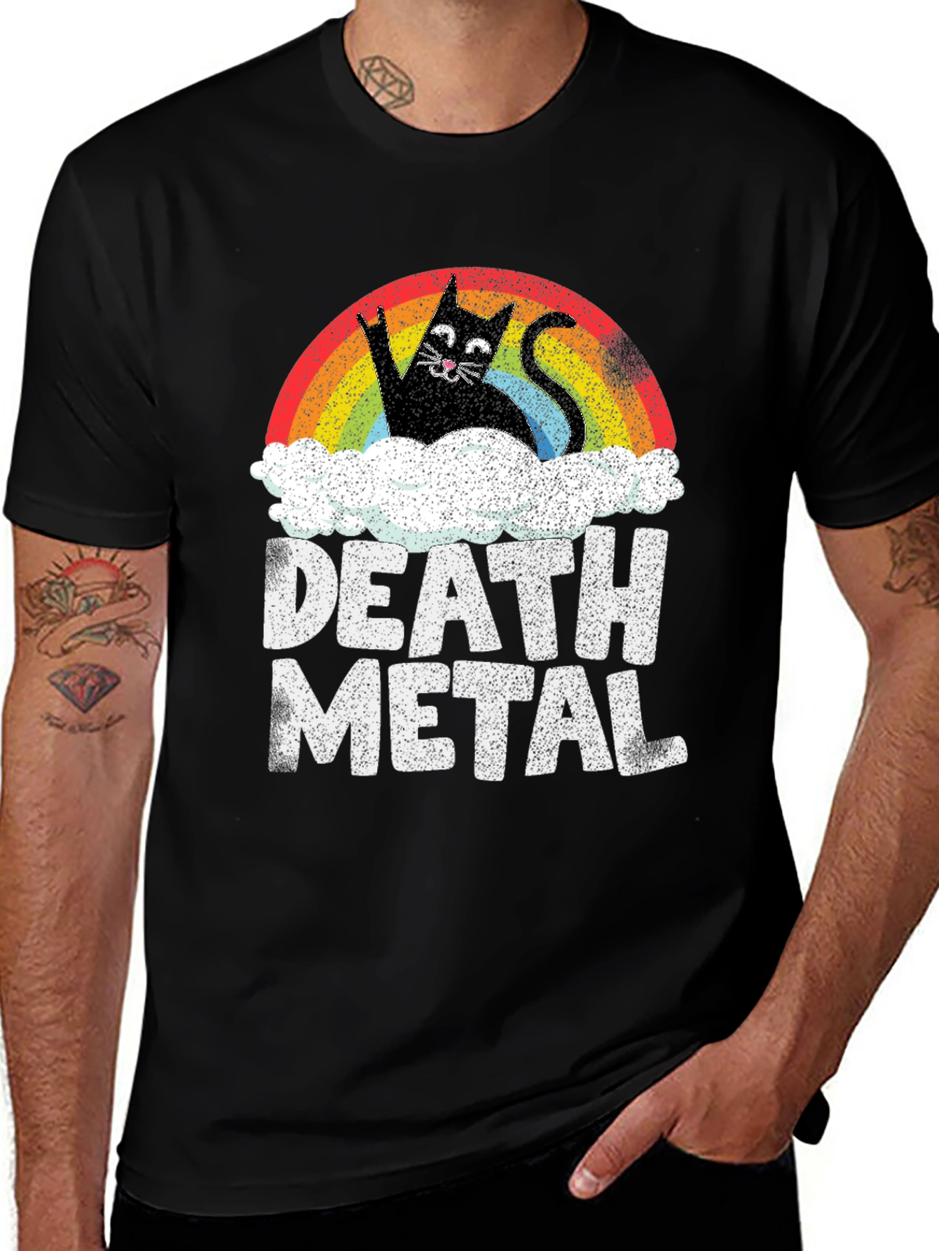 Death Metal Cat T-Shirt - Rainbow & Clouds Graphic Tee
