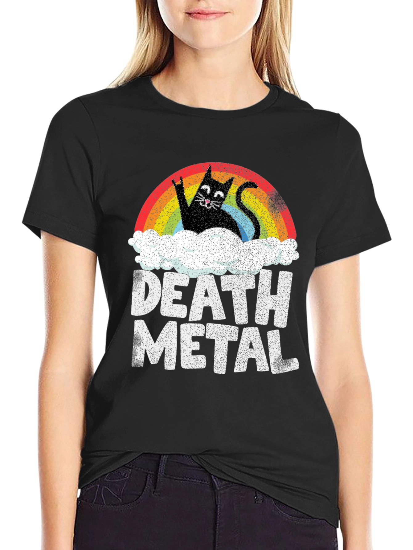 Death Metal Cat T-Shirt - Rainbow & Clouds Graphic Tee