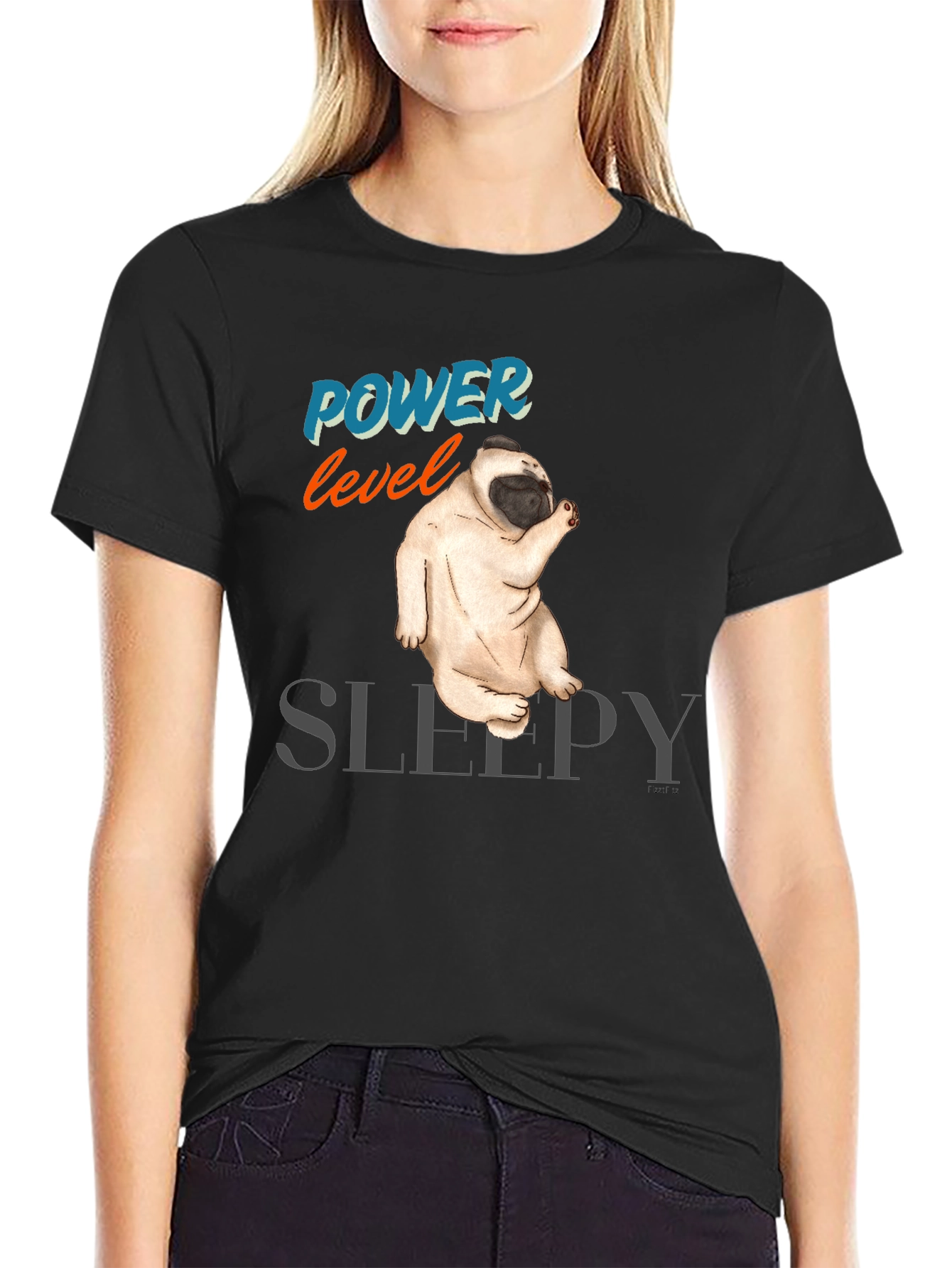 Power Level Sleepy Pug Black T-Shirt