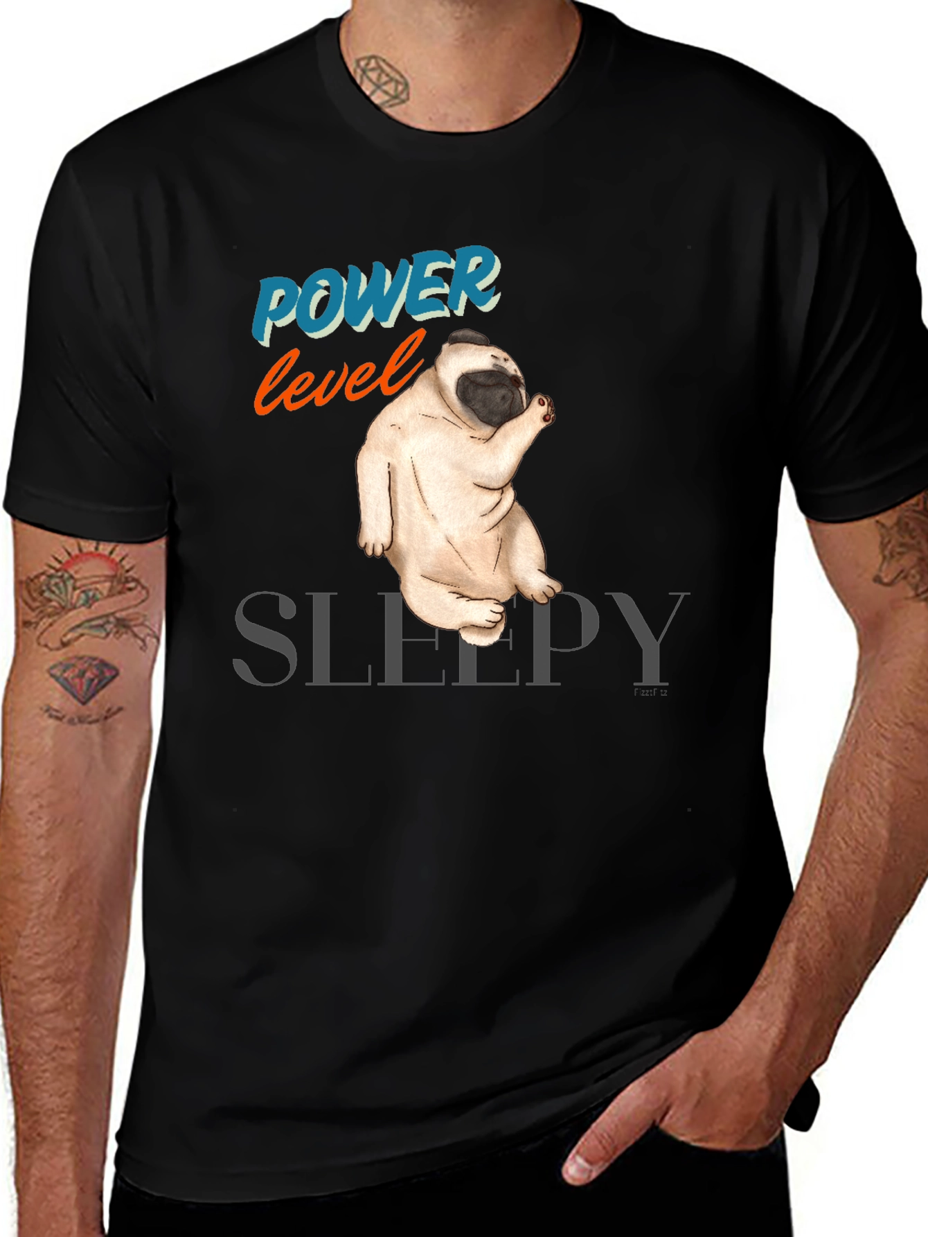Power Level Sleepy Pug Black T-Shirt
