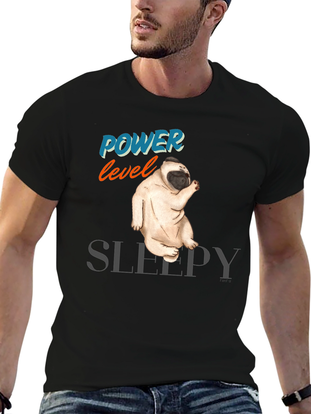 Power Level Sleepy Pug Black T-Shirt