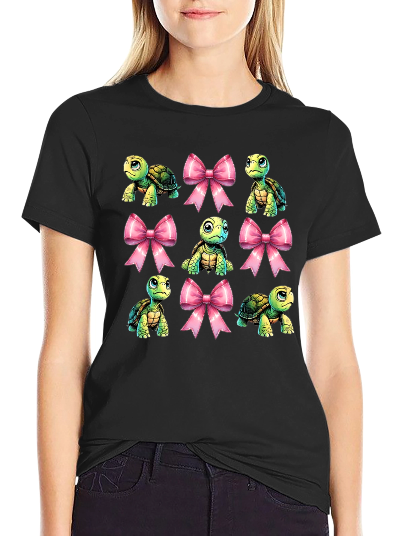 Turtle & Bows Graphic Tee - Cute Cartoon Design