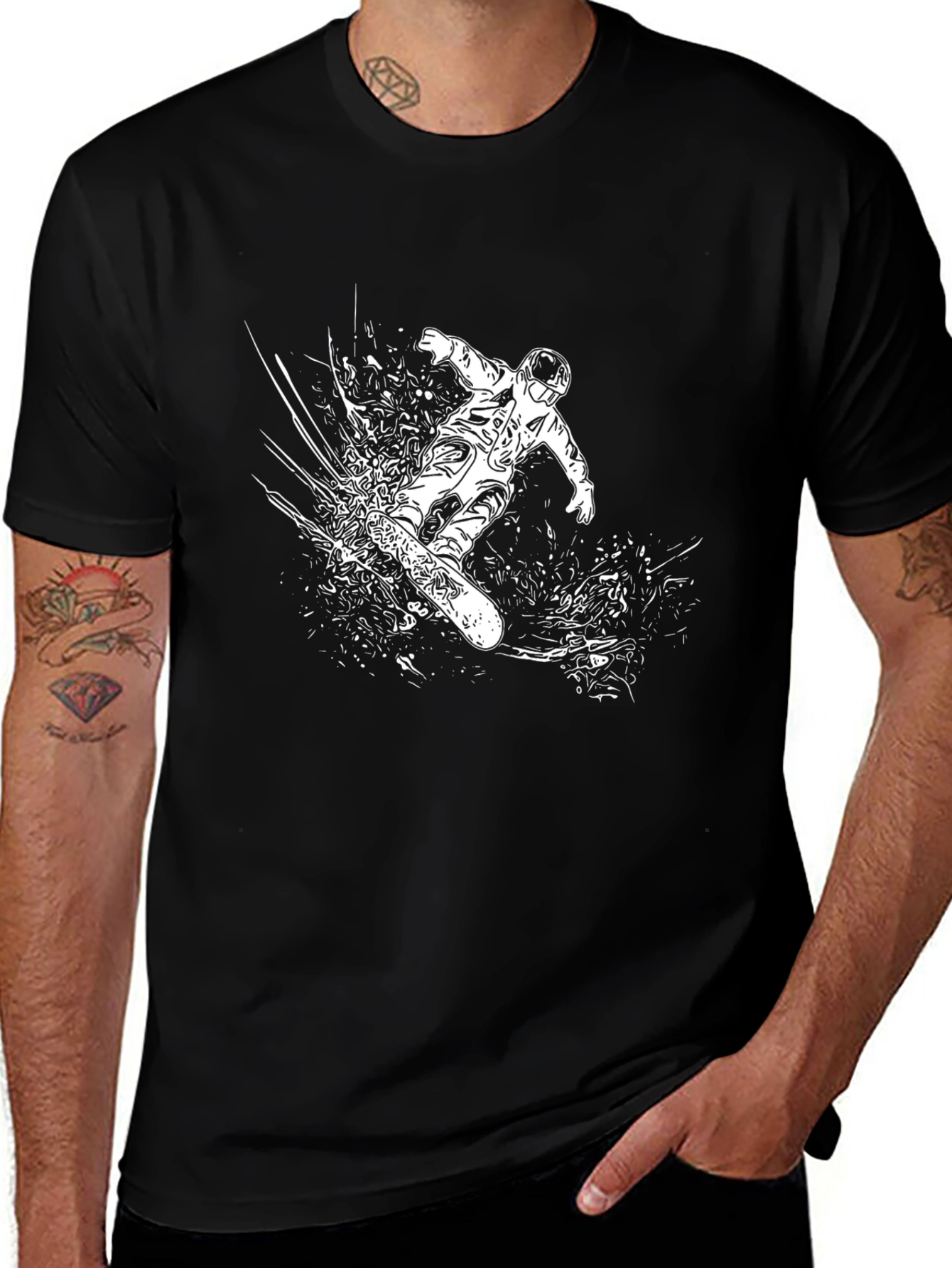 Snowboarder Graphic Tee - Black Cotton Casual T-Shirt
