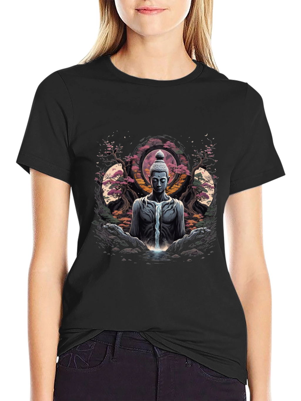 Buddha Waterfall Graphic T-Shirt - Meditative Black Tee