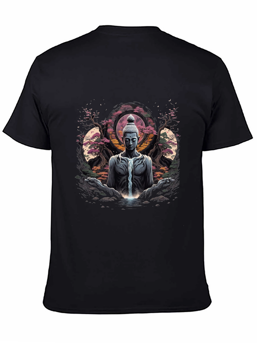 Buddha Waterfall Graphic T-Shirt - Meditative Black Tee