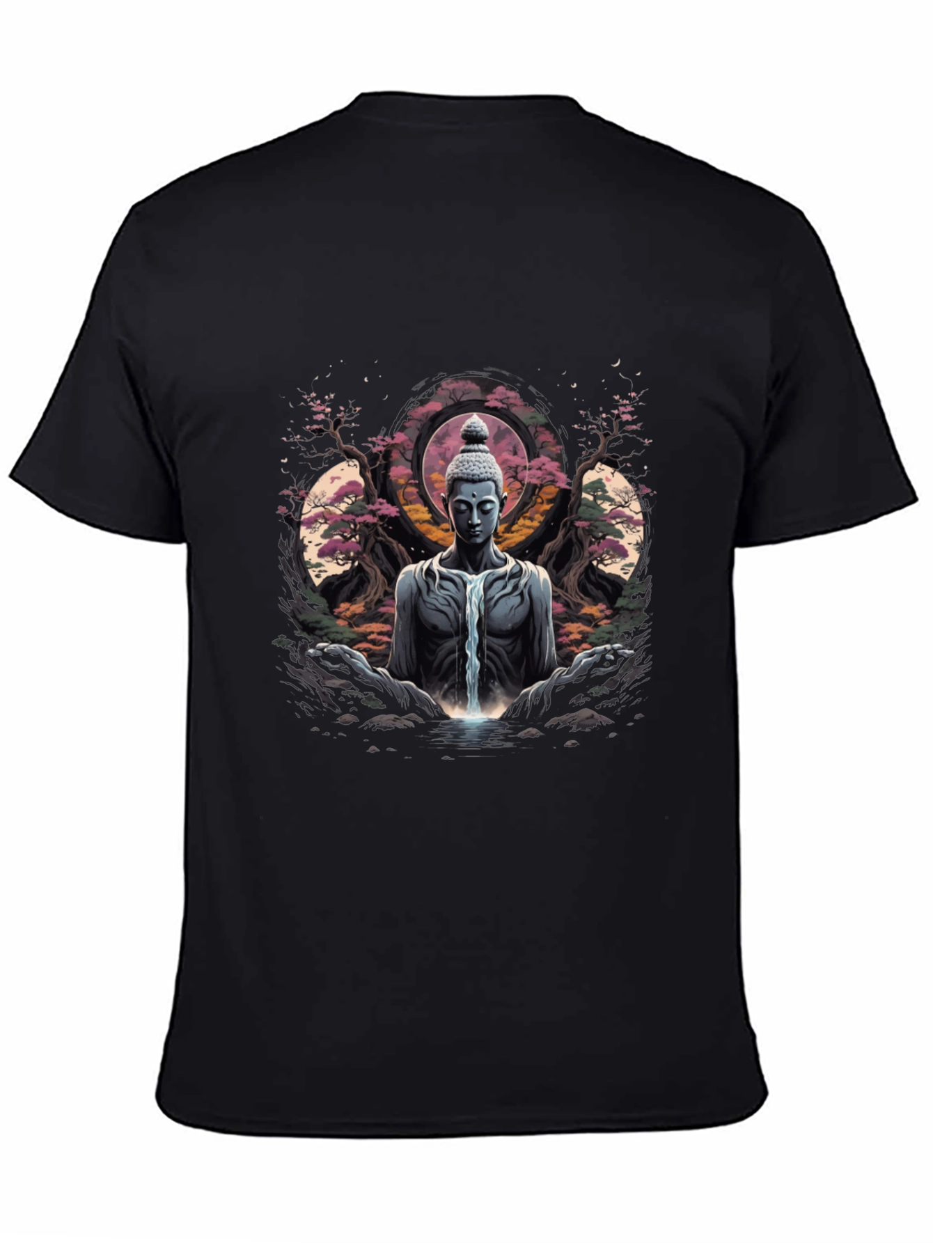Buddha Waterfall Graphic T-Shirt - Meditative Black Tee