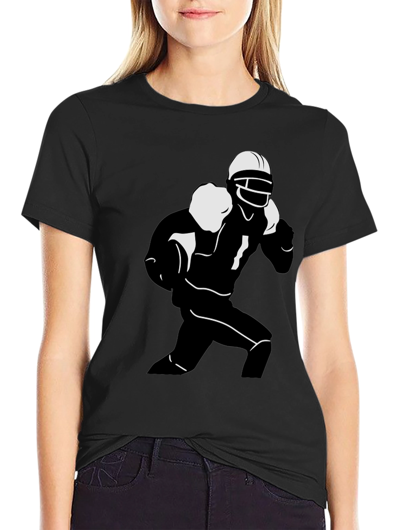 Football Player Graphic Tee - Black Cotton T-Shirt