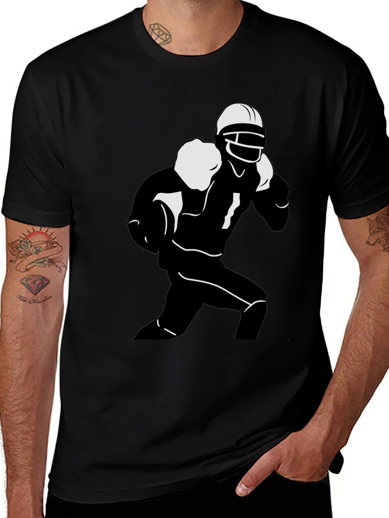 Football Player Graphic Tee - Black Cotton T-Shirt