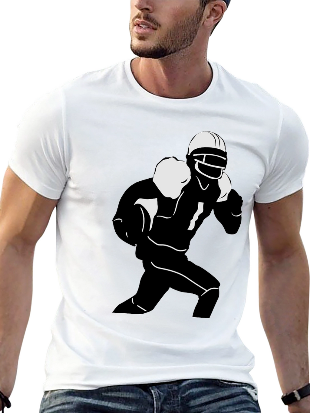 Football Player Graphic Tee - Black Cotton T-Shirt