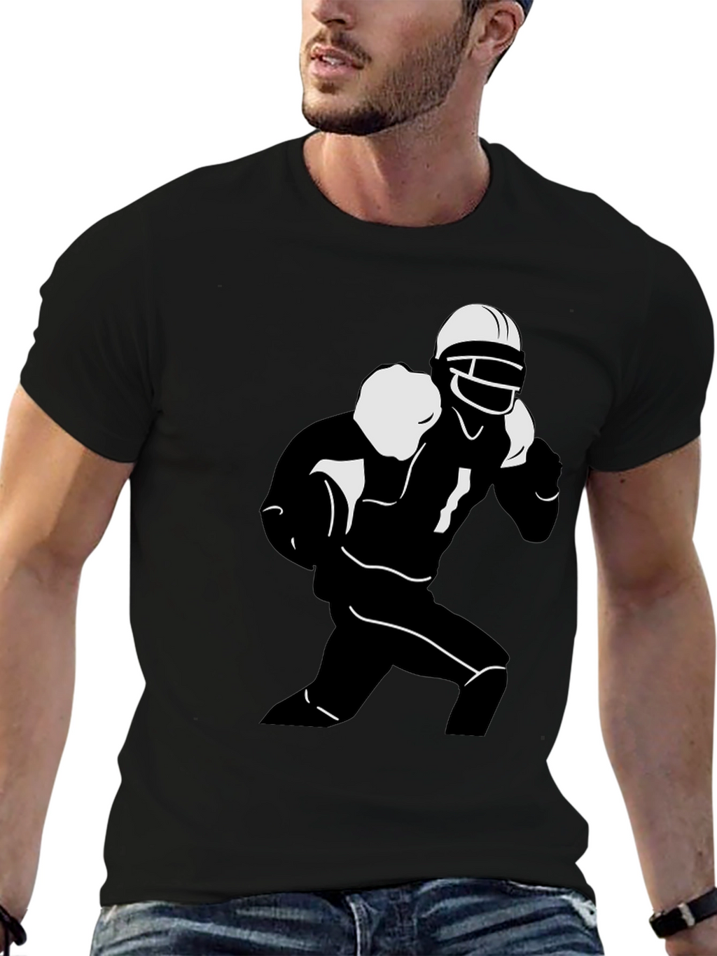 Football Player Graphic Tee - Black Cotton T-Shirt