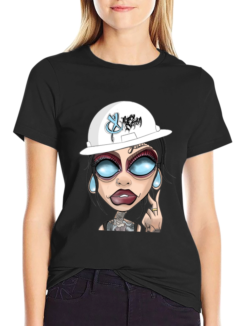 Cartoon Graphic T-Shirt - Edgy Tattoo Girl Design