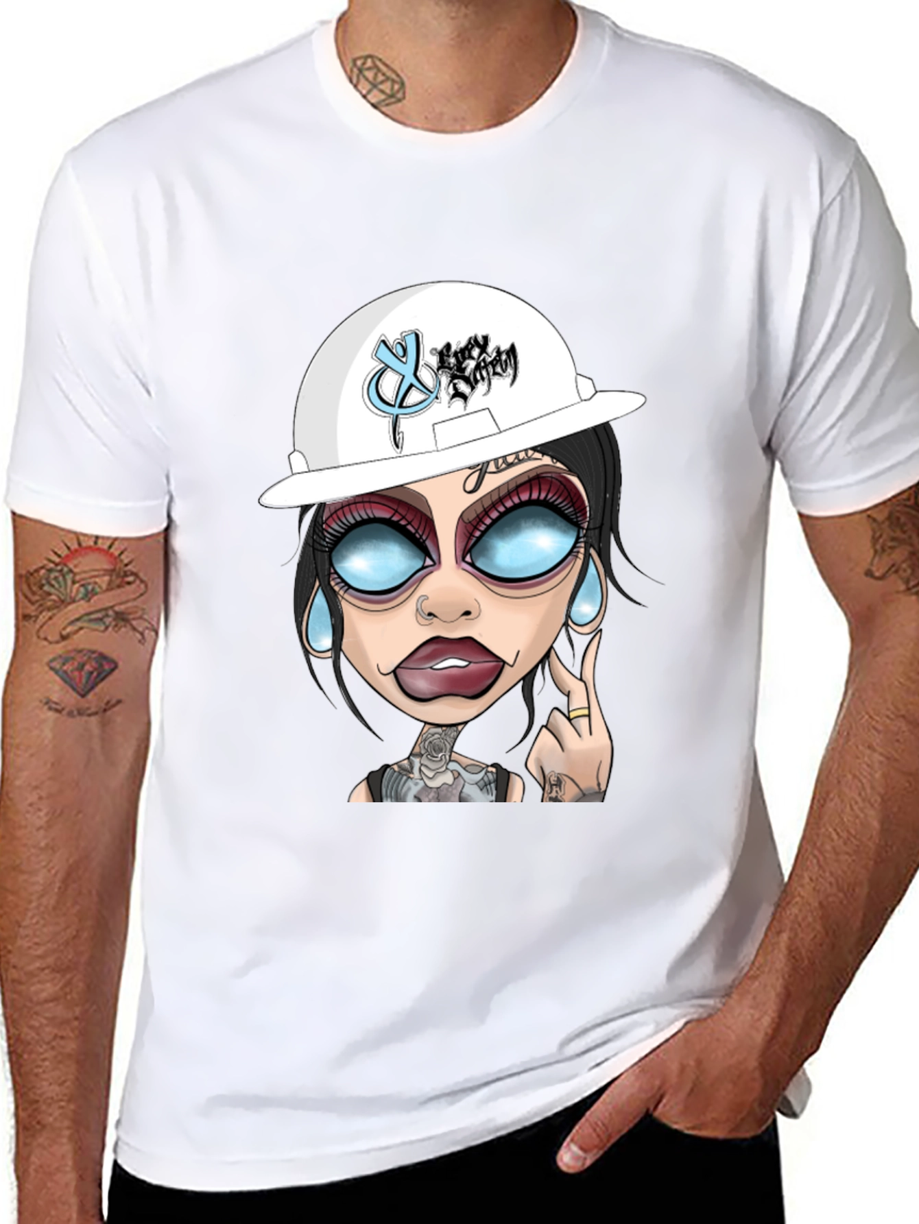 Cartoon Graphic T-Shirt - Edgy Tattoo Girl Design