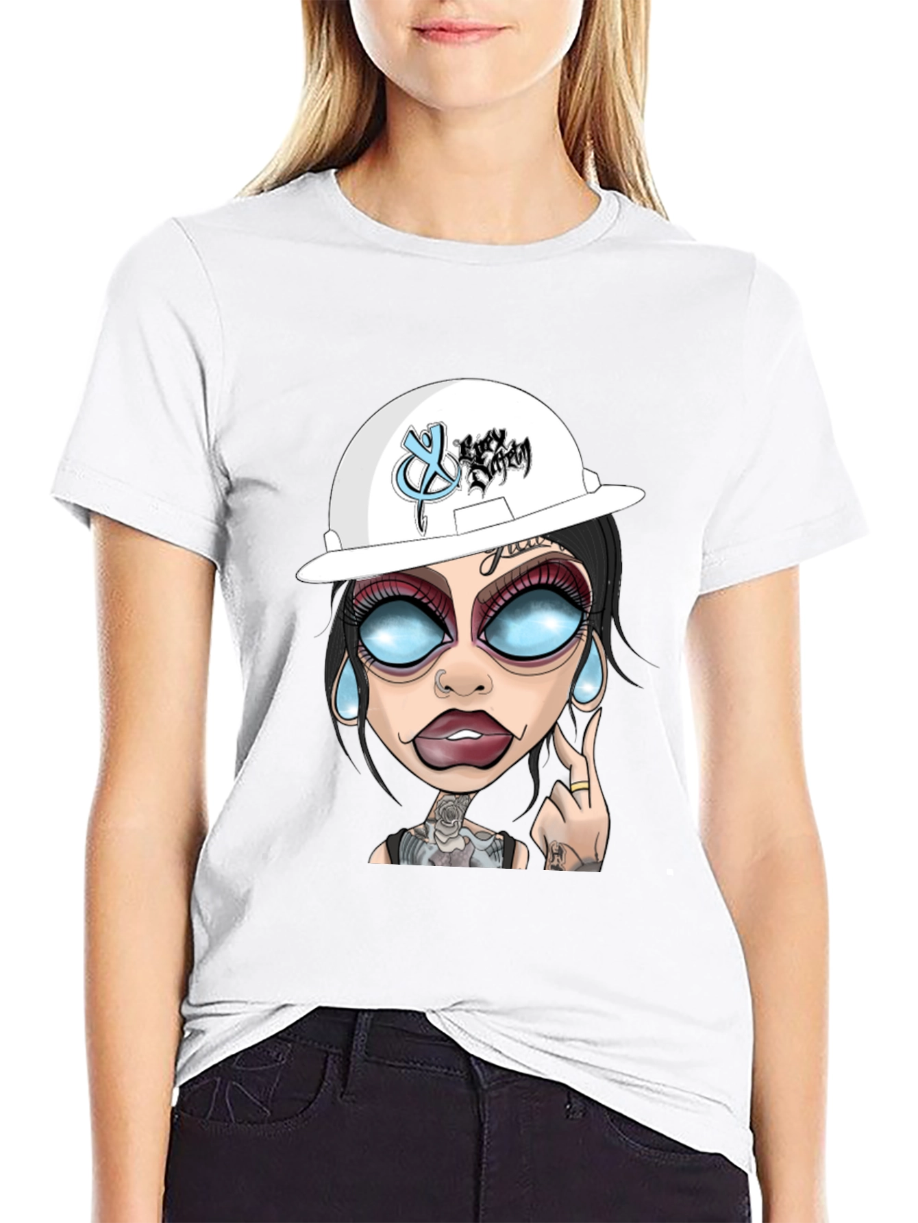 Cartoon Graphic T-Shirt - Edgy Tattoo Girl Design