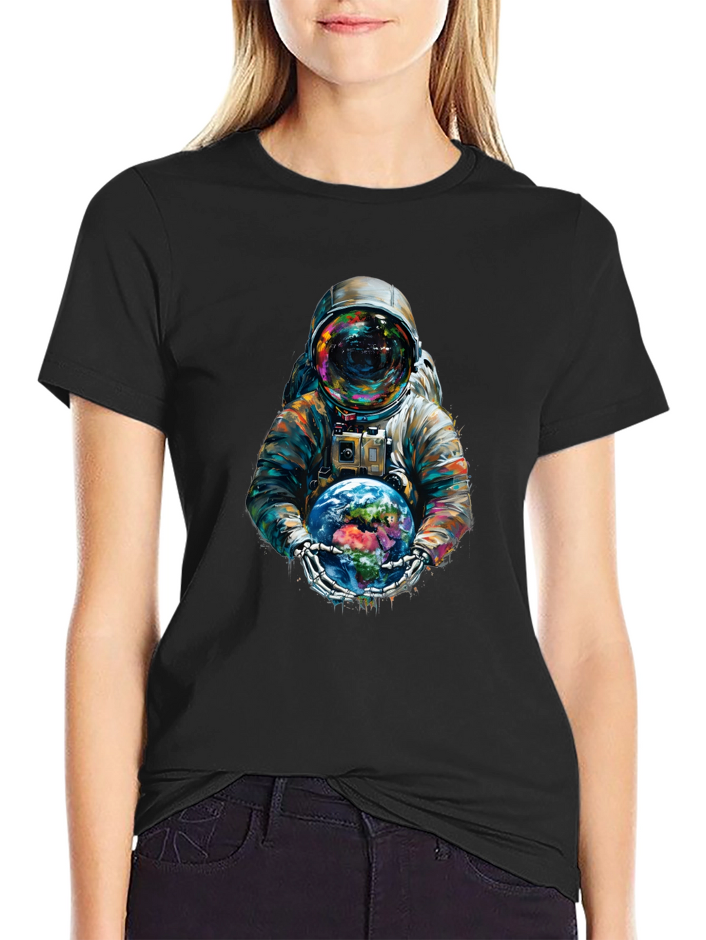 Astronaut Earth Graphic Tee - Black Cotton Blend