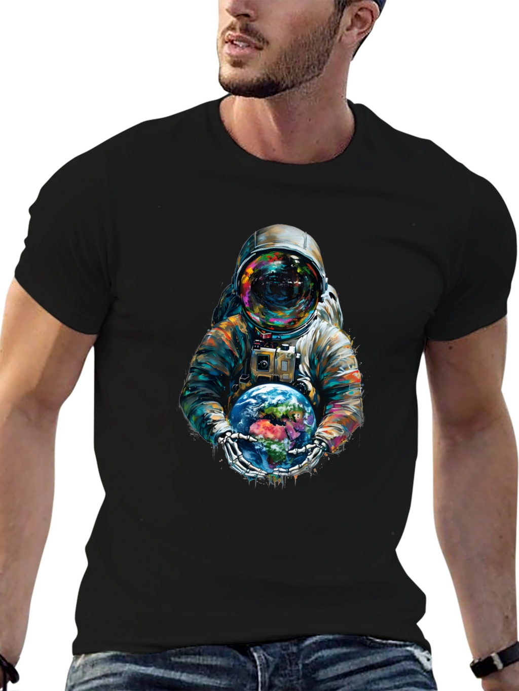 Astronaut Earth Graphic Tee - Black Cotton Blend