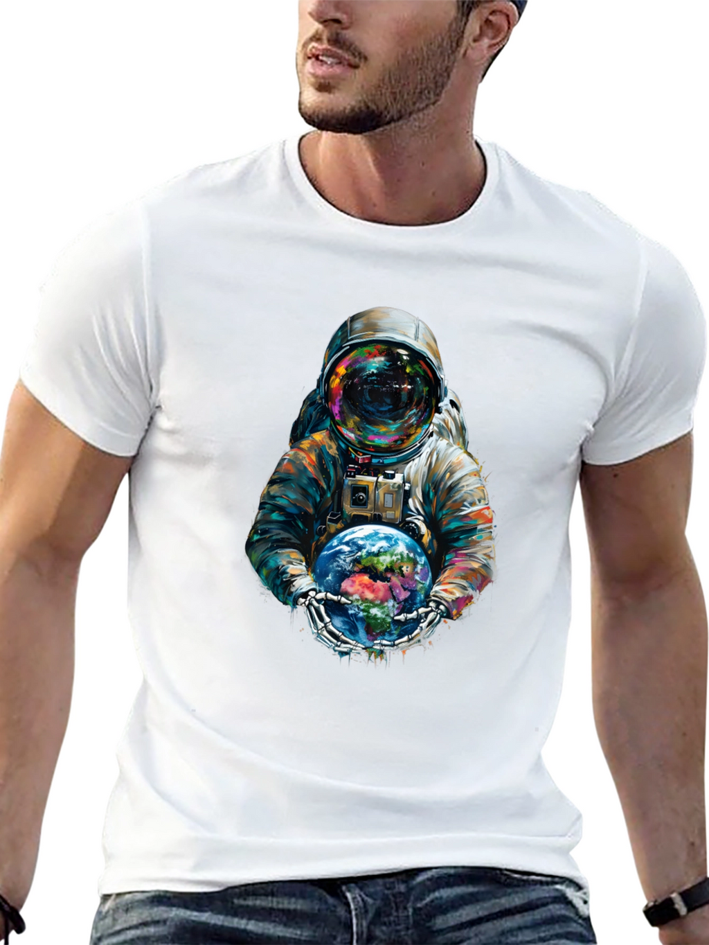 Astronaut Earth Graphic Tee - Black Cotton Blend