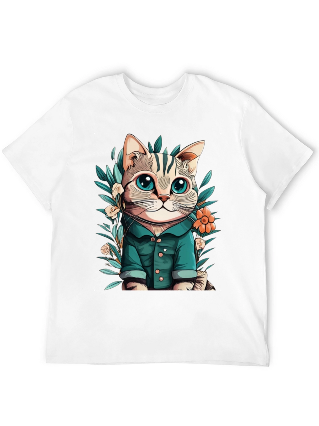 Cat with Flower Cartoon Black T-Shirt