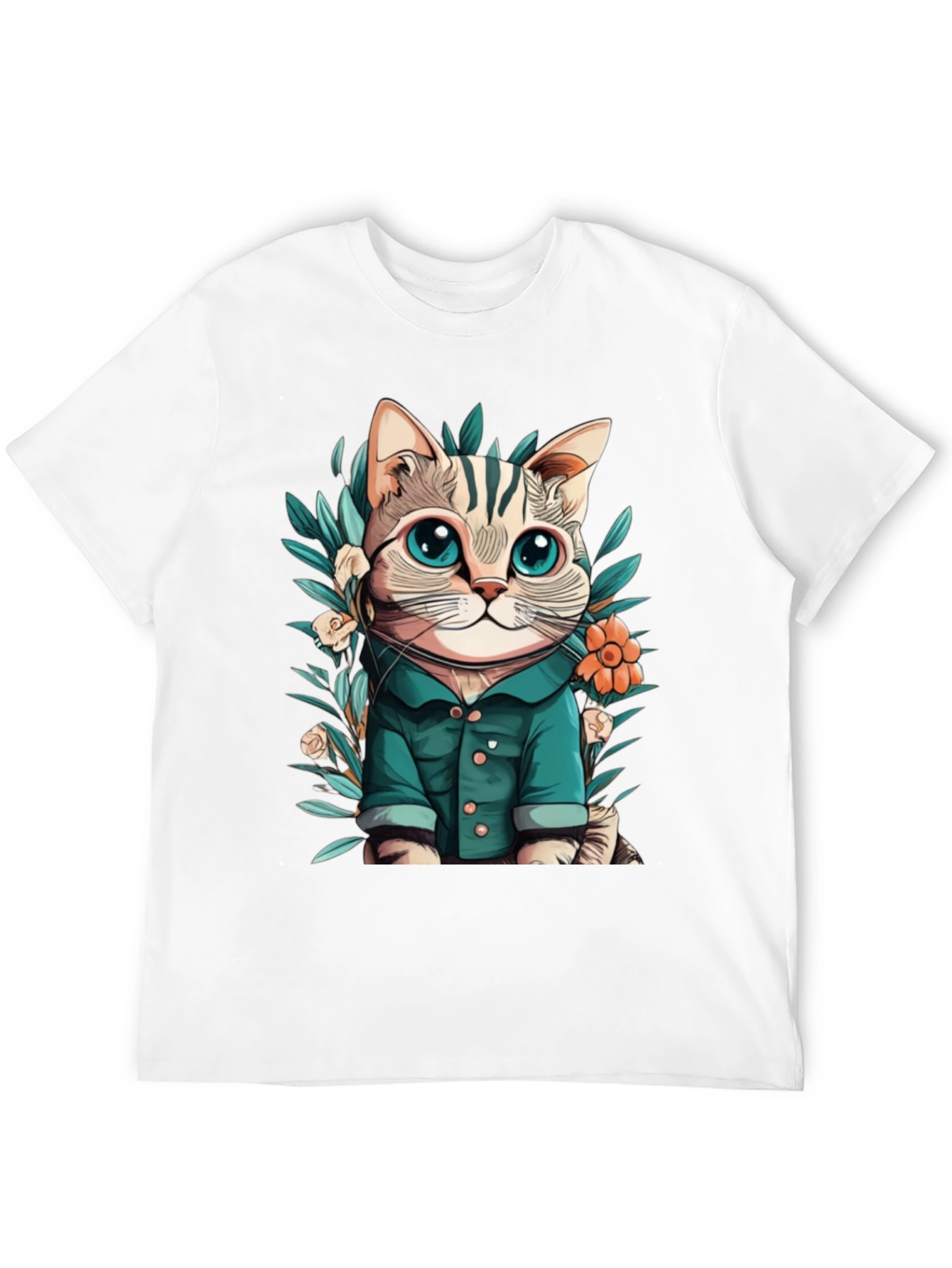 Cat with Flower Cartoon Black T-Shirt