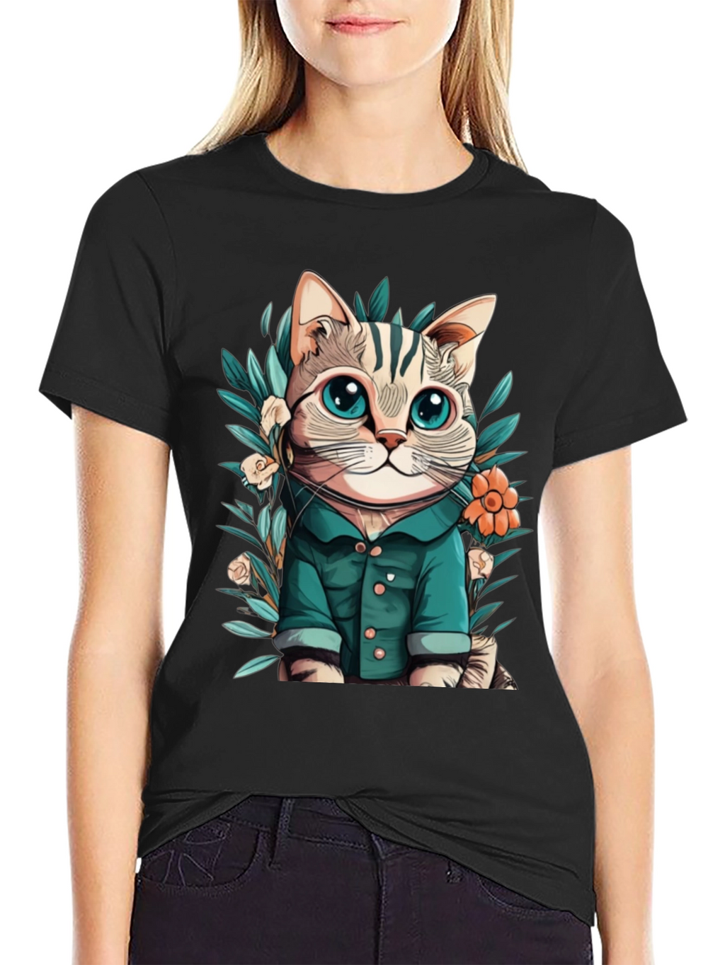Cat with Flower Cartoon Black T-Shirt