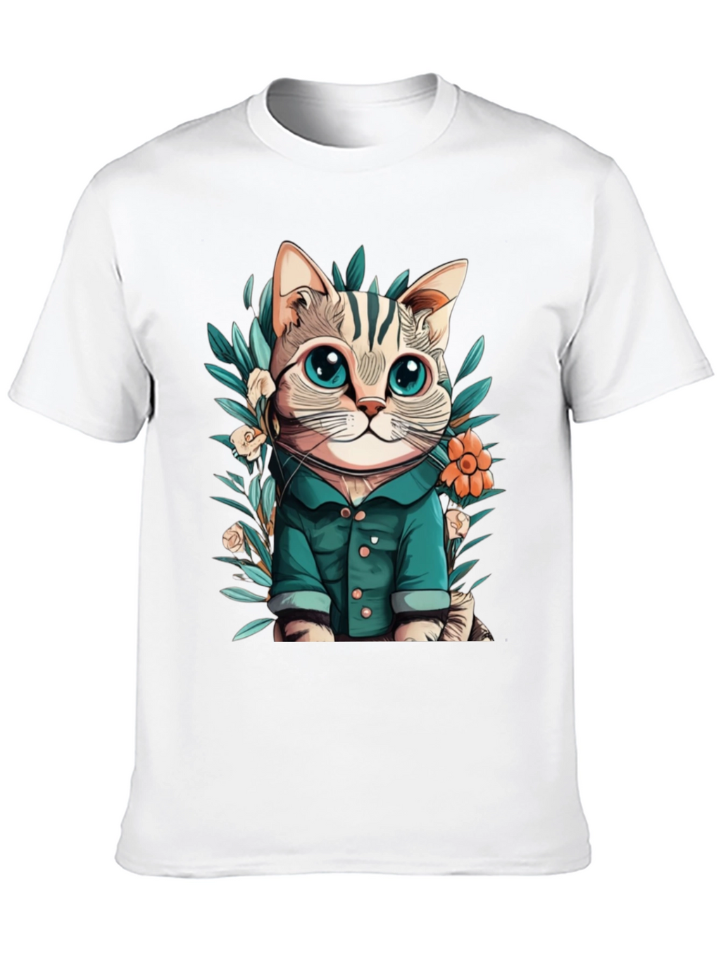 Cat with Flower Cartoon Black T-Shirt