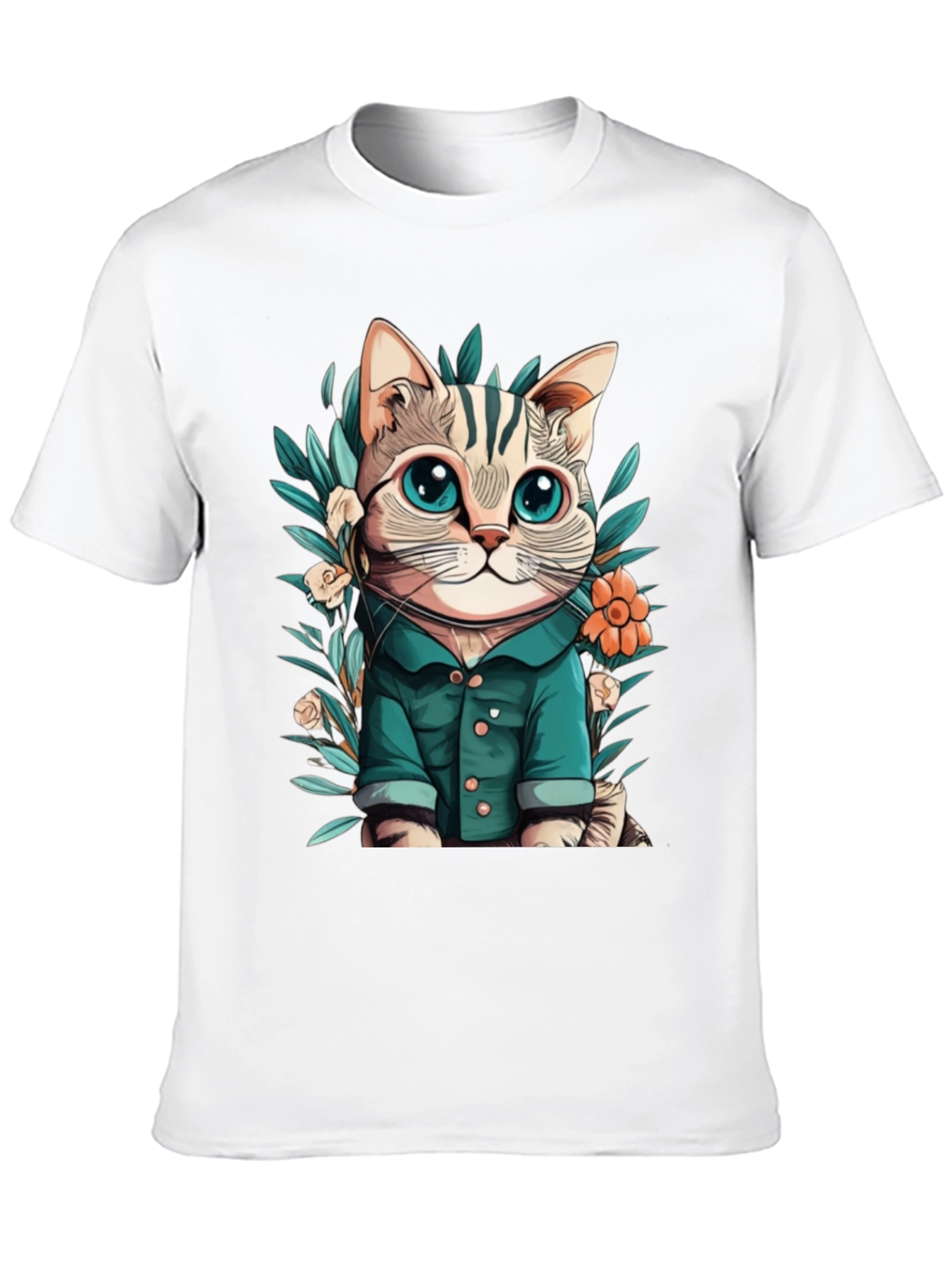 Cat with Flower Cartoon Black T-Shirt