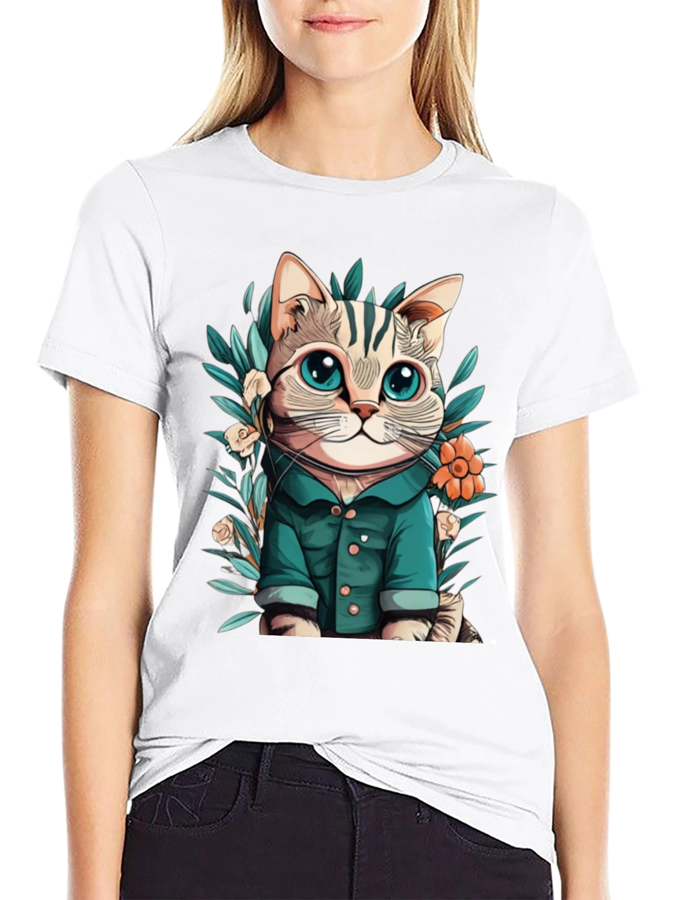 Cat with Flower Cartoon Black T-Shirt