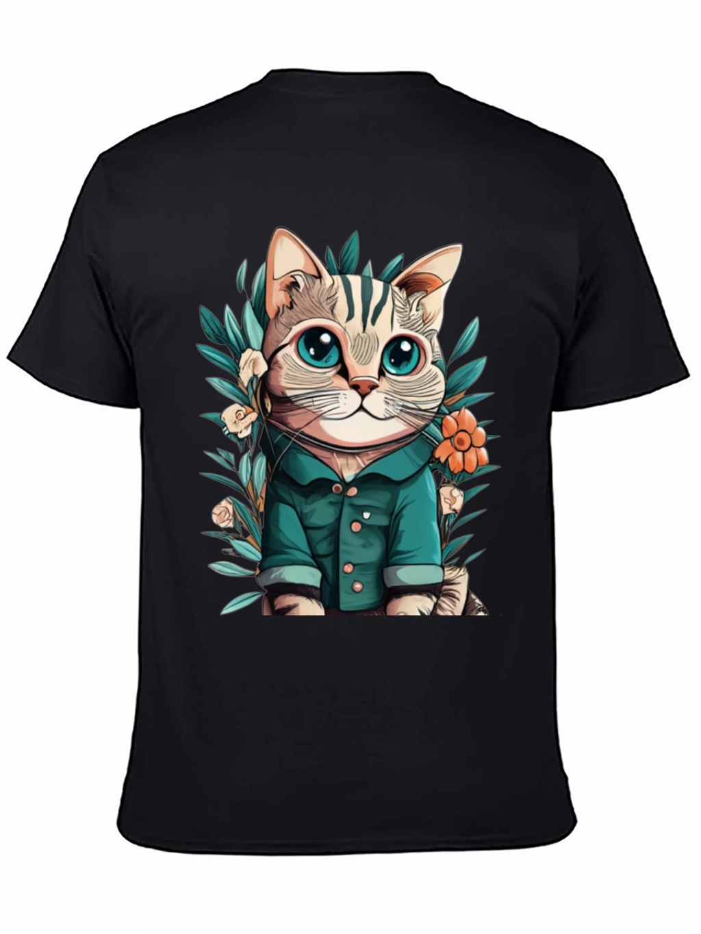 Cat with Flower Cartoon Black T-Shirt