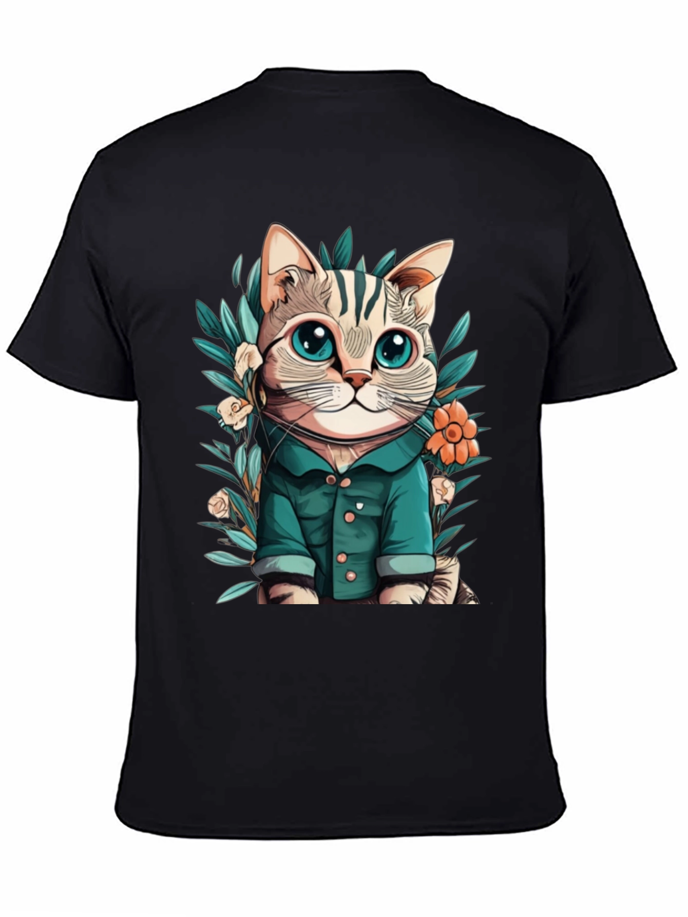 Cat with Flower Cartoon Black T-Shirt