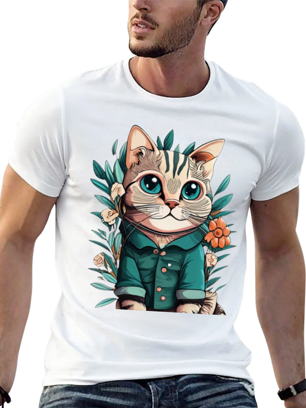 Cat with Flower Cartoon Black T-Shirt