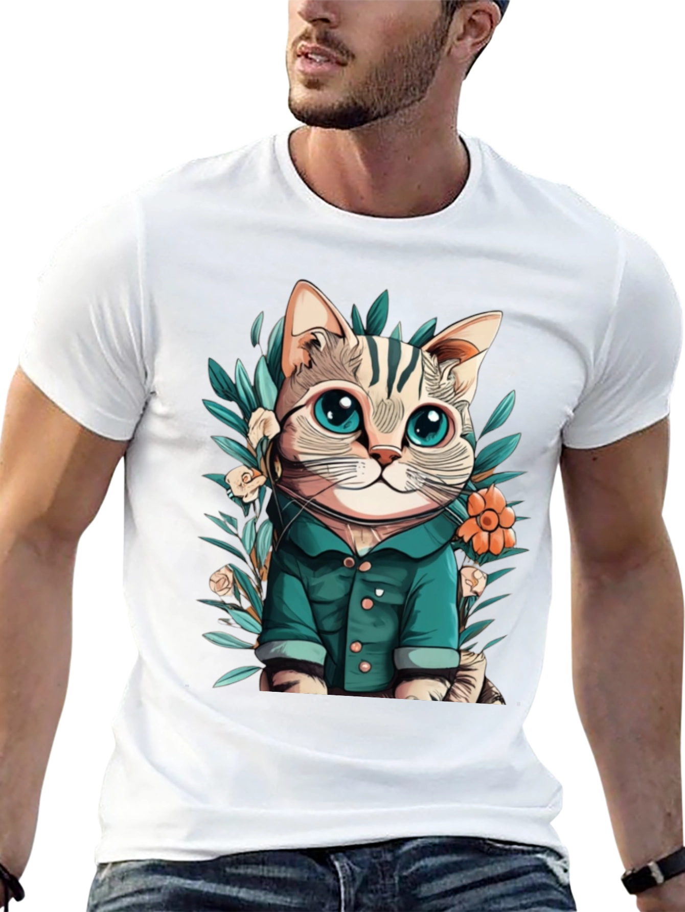 Cat with Flower Cartoon Black T-Shirt